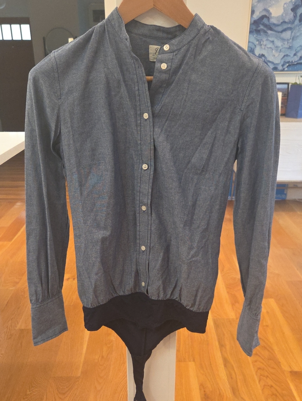 J. Crew Trademark Denim Womens Blue Band-Collar Cotton Shirt with Bodysuit (0)